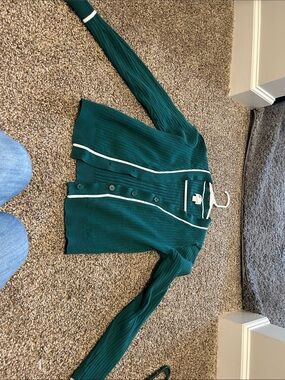 all in motion Teal Green V‑Neck Button Cardigan with White Trim